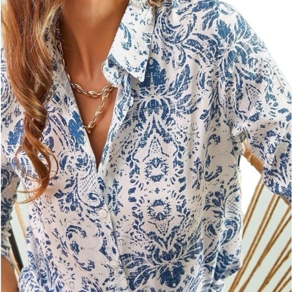 BIG DART Women Blue White Damask Print Button Down Shirt Blouse Size 52 EUR